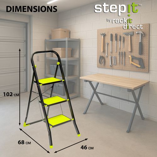 3 Step Steel Ladder Foldable Safety Step Stool 150kg Heavy Duty Anti-Slip Treads — image 4