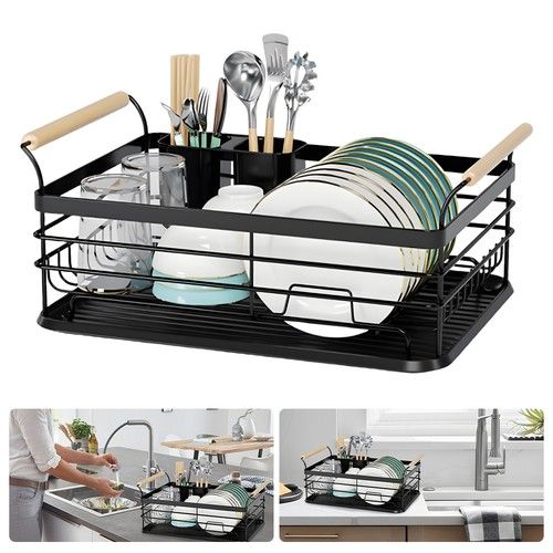 Handle Kitchen Dish Drainer Rack with Drip Tray Cutlery Holder