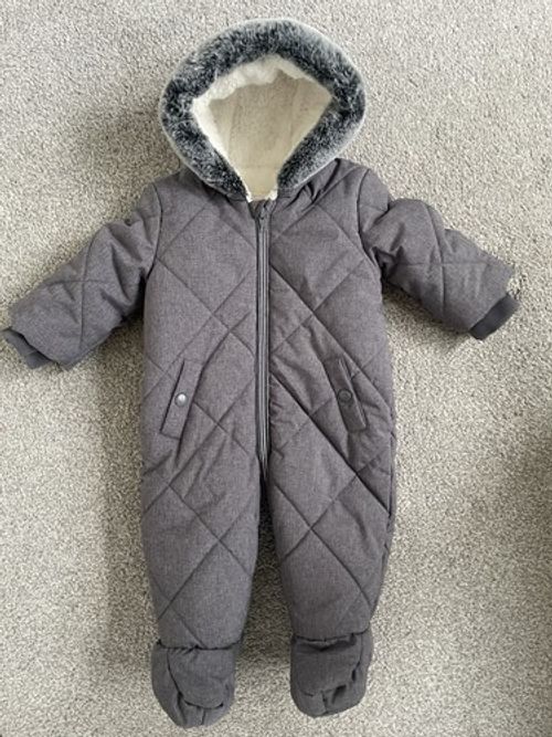 Baby Boy Charcoal Grey Hooded Pram Suit Snowsuit Fleece Lined Age 3-6 Months 