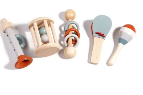 5pc Wooden Baby Musical Toy Set Sensory Rattle Teether Jingle Gift — image 3