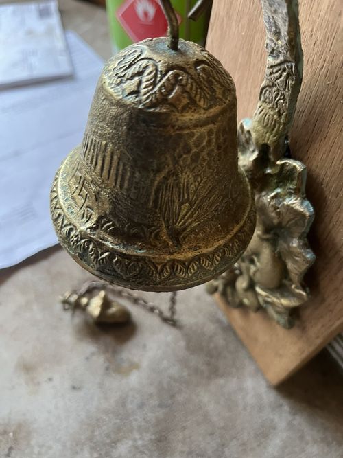 Antique Wall Mounted Cast Brass Bell Mounted On Oak Plinth — image 8