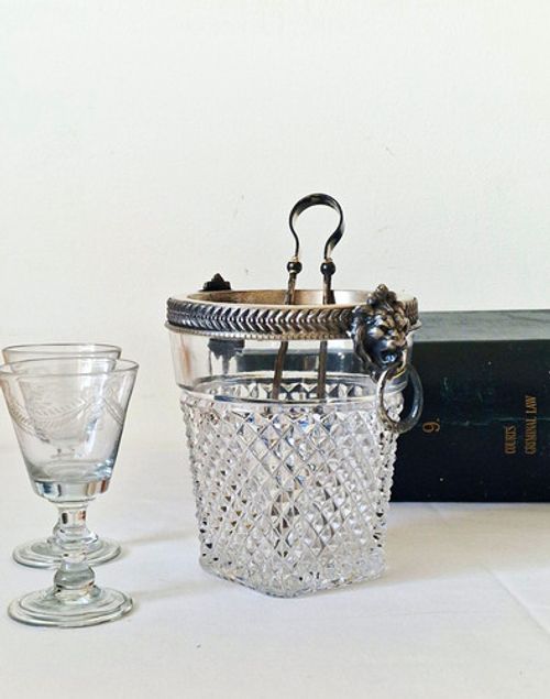 Vintage French Crystal Ice Bucket Silver Metal Lion Head Handles with Ice Tongs