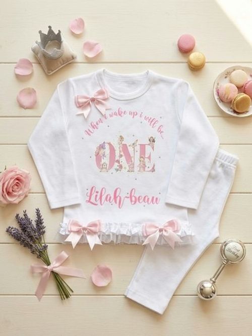 Personalised 1st Birthday Pyjamas Fairys PJs Kids Baby Girl with frills and bows