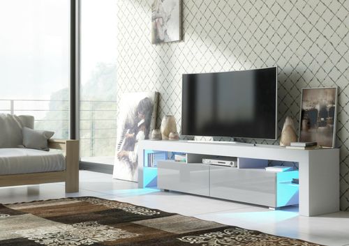 TV Unit TV Stand Cabinet Sideboard White High Gloss LED Storage 200cm Modern — image 10