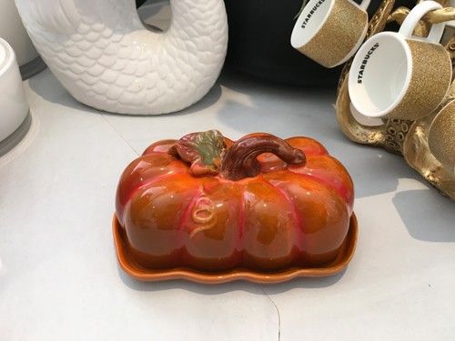 Ceramic Pumpkin Shaped Butter Dish Fall Thanksgiving Halloween Kitchen Decor