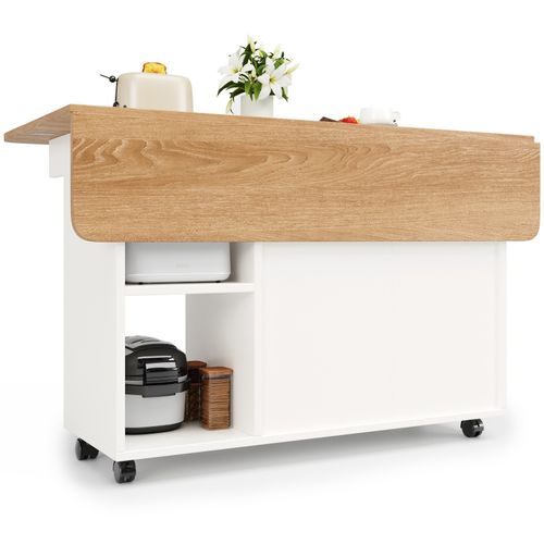 Kitchen Island w/ Drop Leaf, Glass Doors, Serving Trolley Storage Cabinet, White — image 12