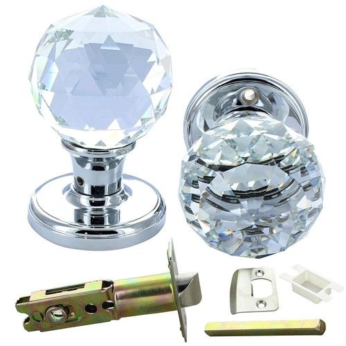 Crystal Glass Mortice Door Knobs with Latch, Pair of Clear Cut Glass Internal Do