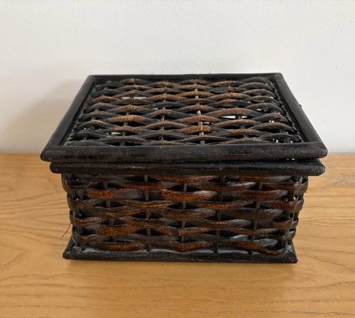 Vintage Wicker Woven Basket Box Hinged Two Tone Storage Lid Retro Boho