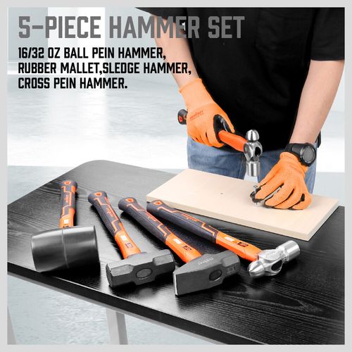 5PC Hammer Set 16oz 32oz Ball Pein 32oz Rubber Mallet 3lb Sledge 3lb Cross Peen — image 3