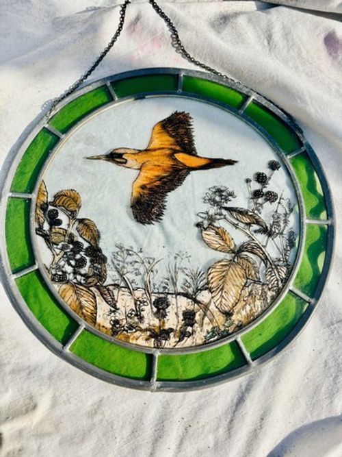 Vintage MC Hand-Painted Leaded Stained Glass Hanging Panel Woodpecker 38cm