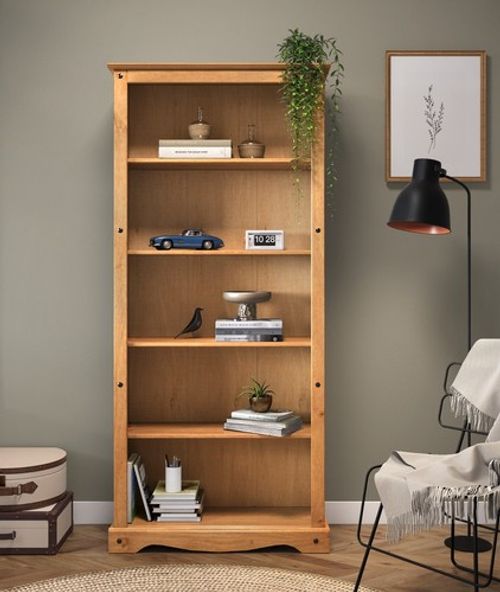 Corona Bookcase Large Tall 5 Shelf Display Unit Solid Pine Wood Wooden Shelving