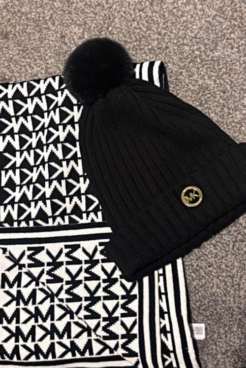 Michael Kors 2-Piece Knit Hat & Scarf Set Black/White MK Logo Women