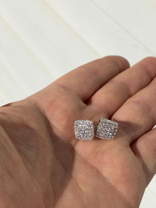 Real Solid 925 Silver Iced Simulated Diamond Earrings Screw Back Square Men's — image 4