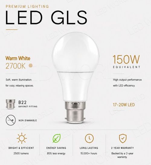 GLS B22 LED Bulbs 5w=40W 9w=60W 15w=100W 150W E27 Screw Warm Cool White Daylight