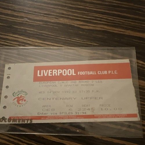Liverpool v Spartak Moscow Ticket/Stub 04 Nov 1992 European Cup Winners' Cup