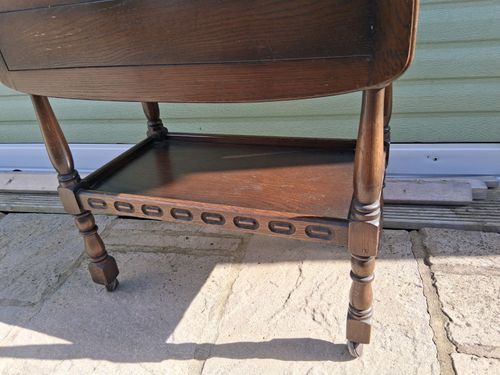 Vintage 1950s Wood Dark Oak Drop Leaf Hostess/Drinks Trolley,Table ,2 Tier — image 6