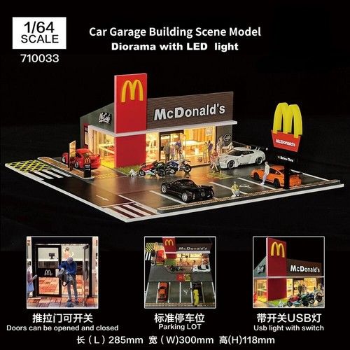 Diorama 1:64 Car Garage Model LED Lighting Gas Stations Parking Lot Scene Model