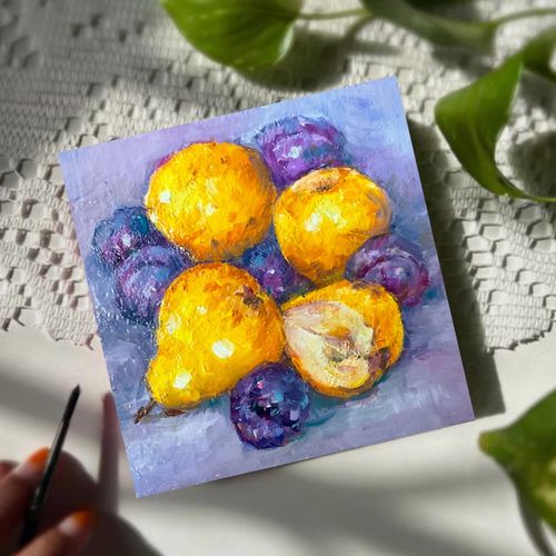 Original Pears Plums Oil Painting Still Life 6x6in Fruit •Signed by OlgaS — image 3