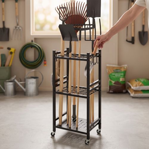 Garden Tool Rack with Wheels Space Saving Utility Cart with Hooks Powder Coated — image 2